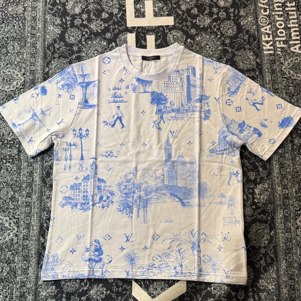 Louis Vuitton White and Light Blue Scenic Monogram Short Sleeve Tee